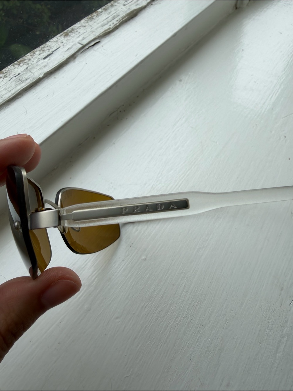 Prada Women's Rimless Rectangle Sunglasses in Amber Lenses with Thin Metal Frame - Picture 4 of 6